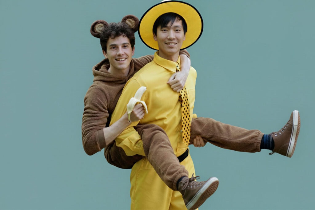 diy couples costume of curious george and the man in the yellow hat