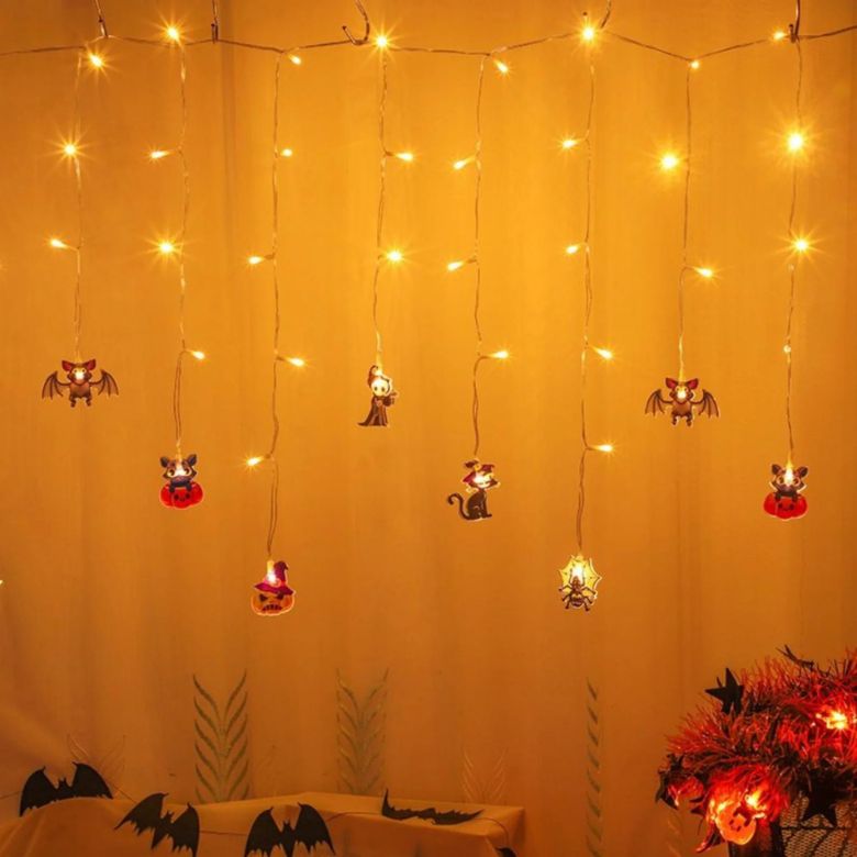 halloween themed curtain string lights