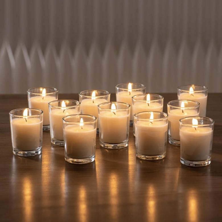 24 Pack Warm White Unscented Clear Glass Filled Votive Candles