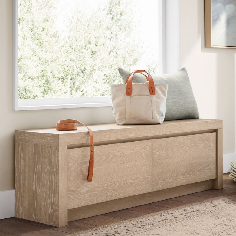 light oak entryway storage bench