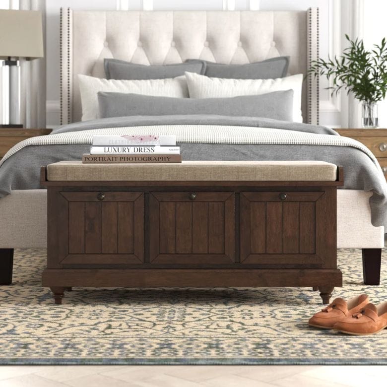 Antique Brown Wood and Linen Upholstered Storage Bench