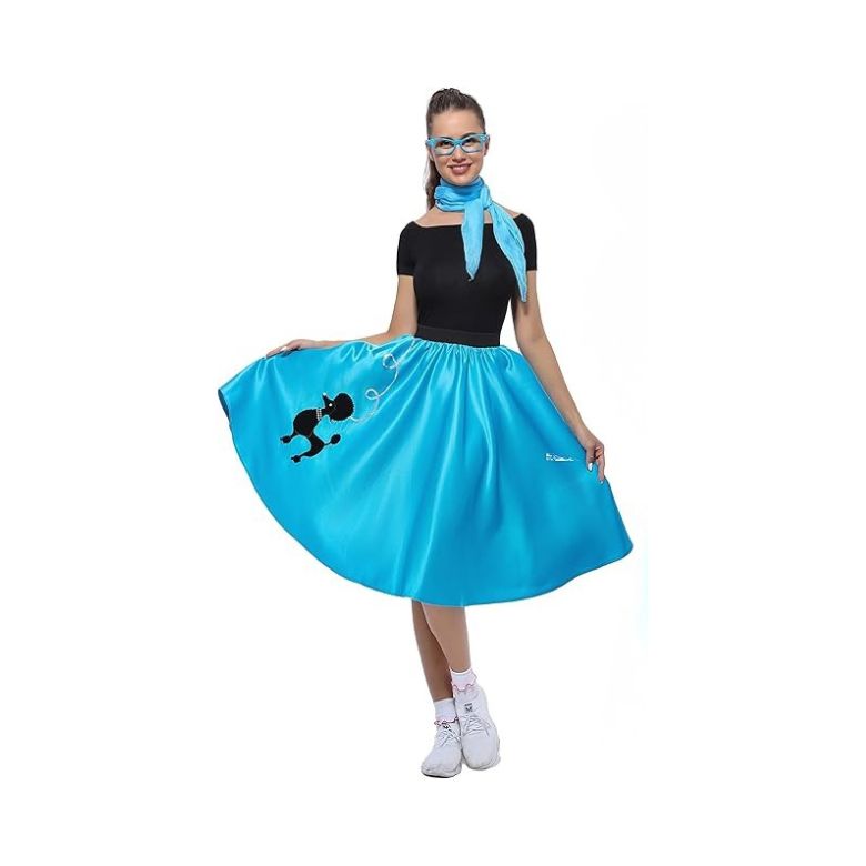 Women Sock Hop Halloween Costume with blue poodle skirt and blue glasses
