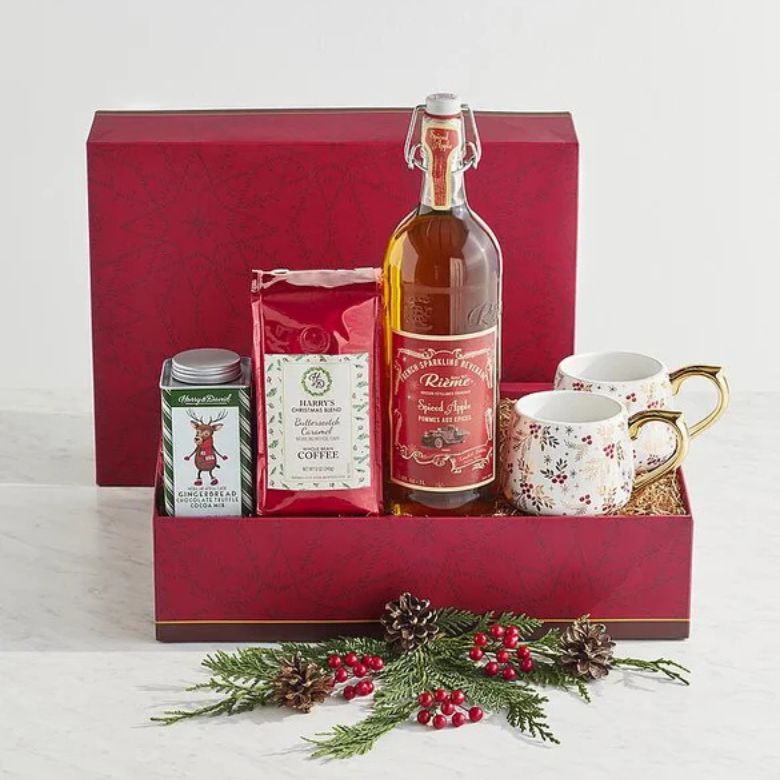 harry & david holiday beverage gift set with hot cocoa, coffee, and sparkling apple cider