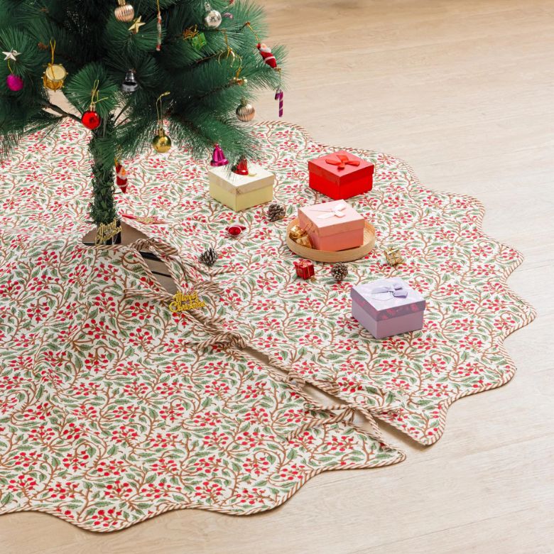 Red and Green Hand Block Printed Christmas Tree Skirt
