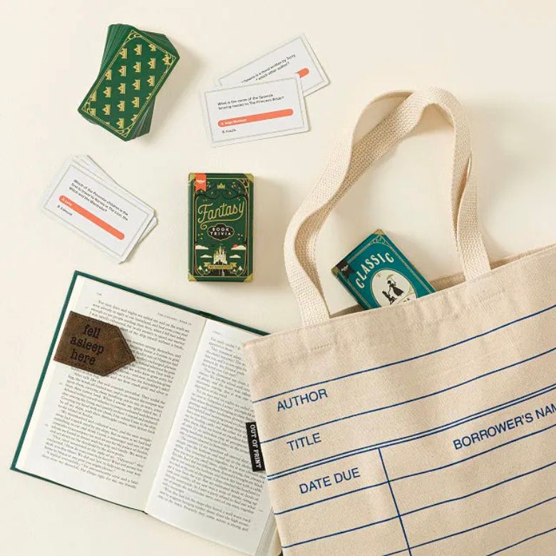 Book lover's gift set with library tote, magnetic bookmark, and trivia cards