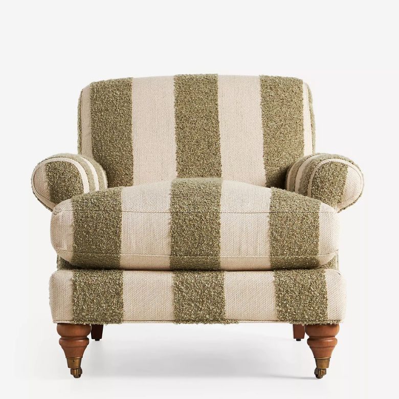 green and cream striped boucle arm chair