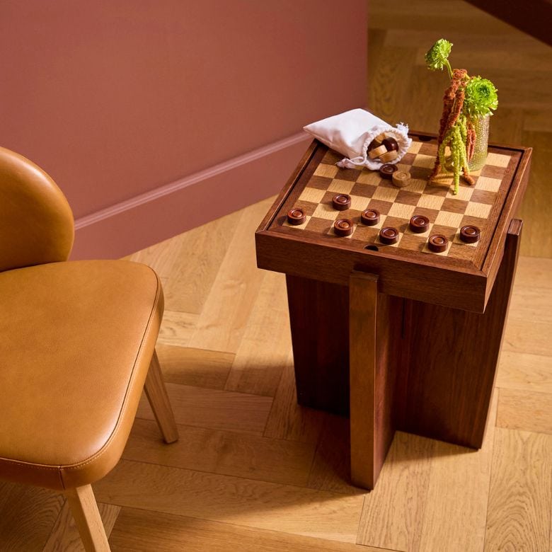 walnut side table with checkerboard top