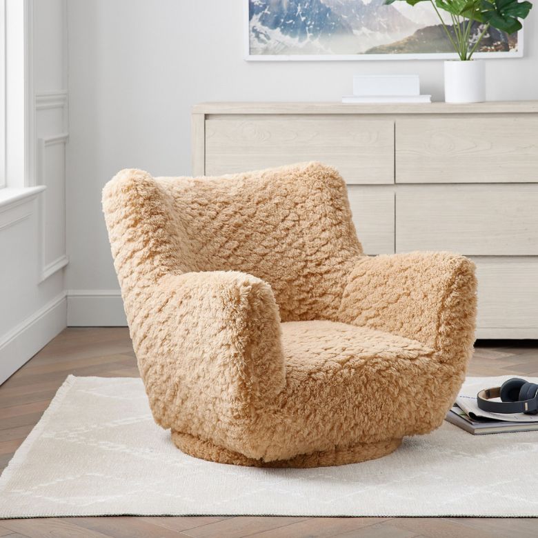 brown faux fur low lounge swivel chair