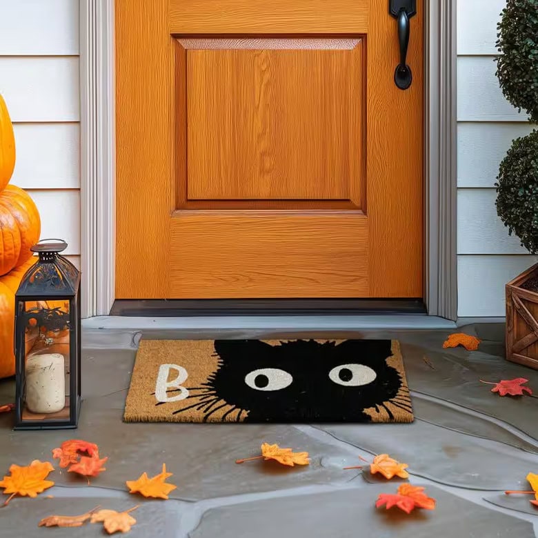 adorable halloween doormat with BOO spelled out on a black cat