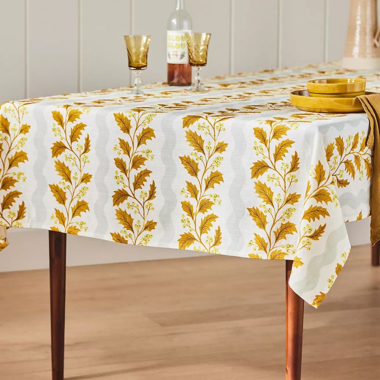 wavy striped tablecloth with orange leaves