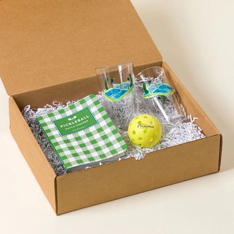 pickleball gift set with drinking glasses, notebook, and ball