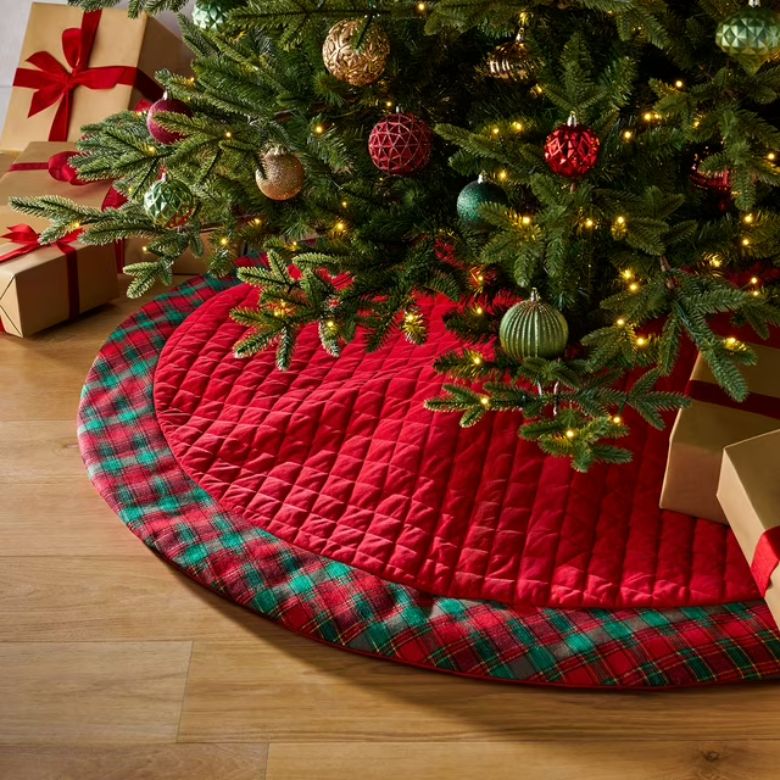 red and green plaid christmas tree skirt