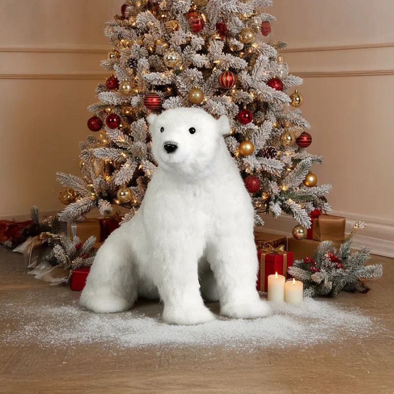 Faux Fur White Polar Bear Figurine