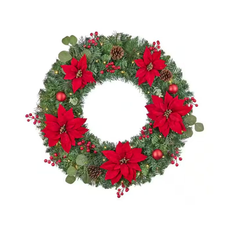 Prelit Berry and Red Poinsettia Artificial Christmas Wreath