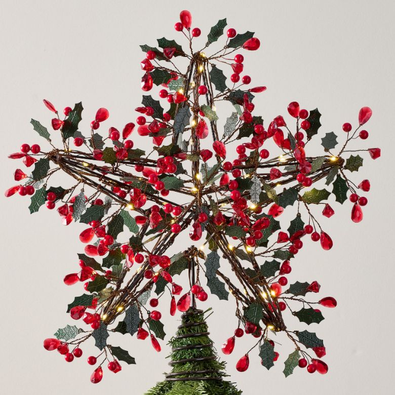 rustic red berry star christmas tree topper with mini led lights