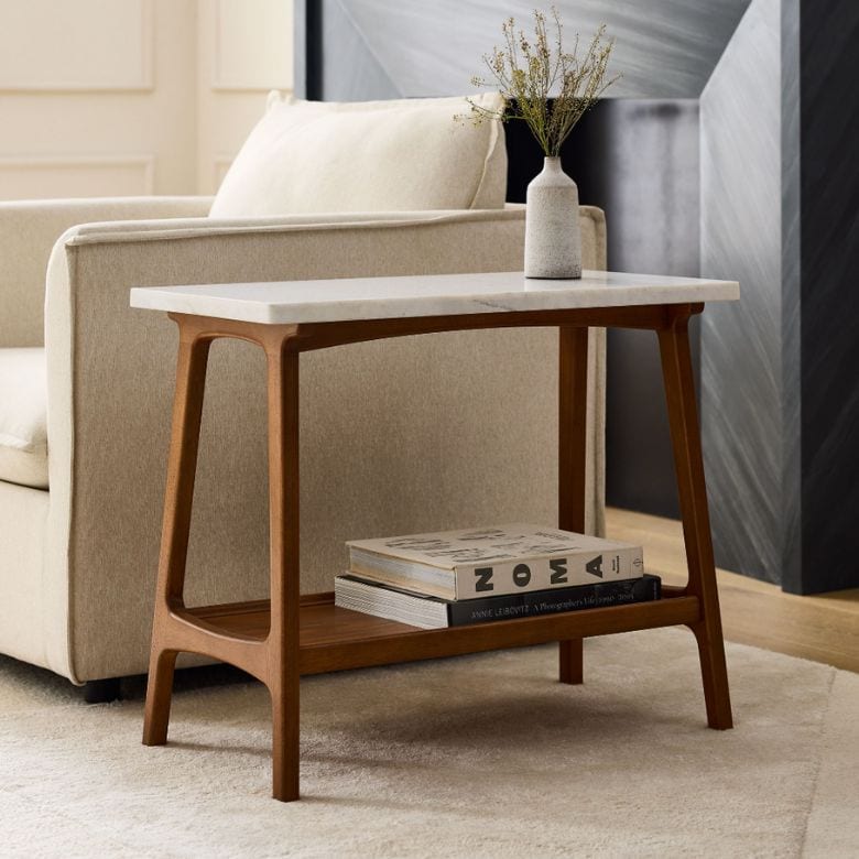 white marble top rectangle side table with wooden legs