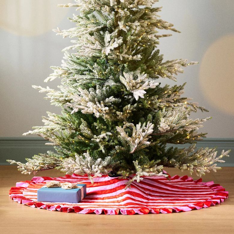 pink and white ruffle stripe christmas tree skirt