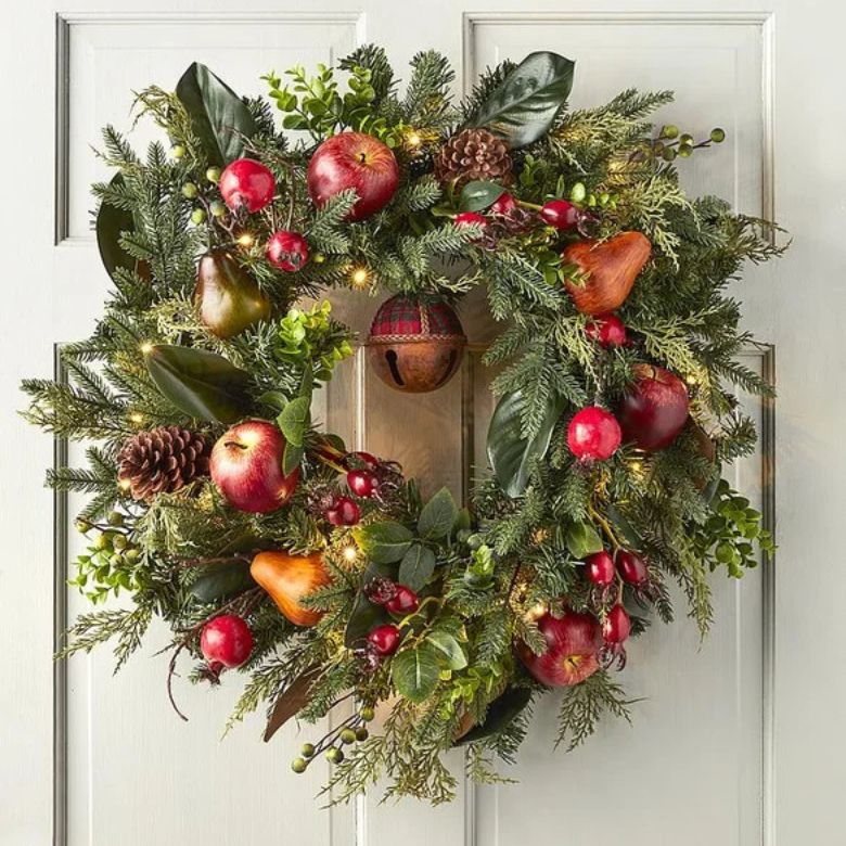 Faux Rustic Wreath With Fruit and Lights