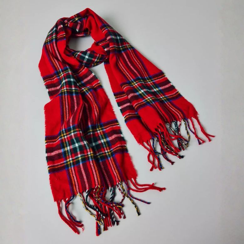 red plaid vintage fringe scarf
