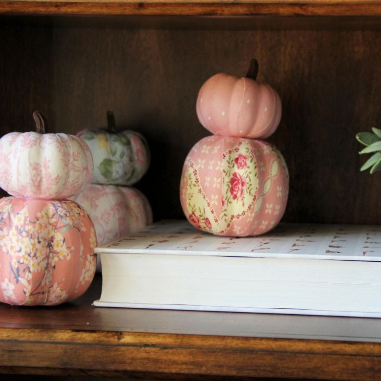 pink toile stacked decorative pumpkins