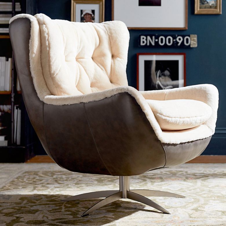 Dark Brown Tufted Leather Shearling Swivel Chair