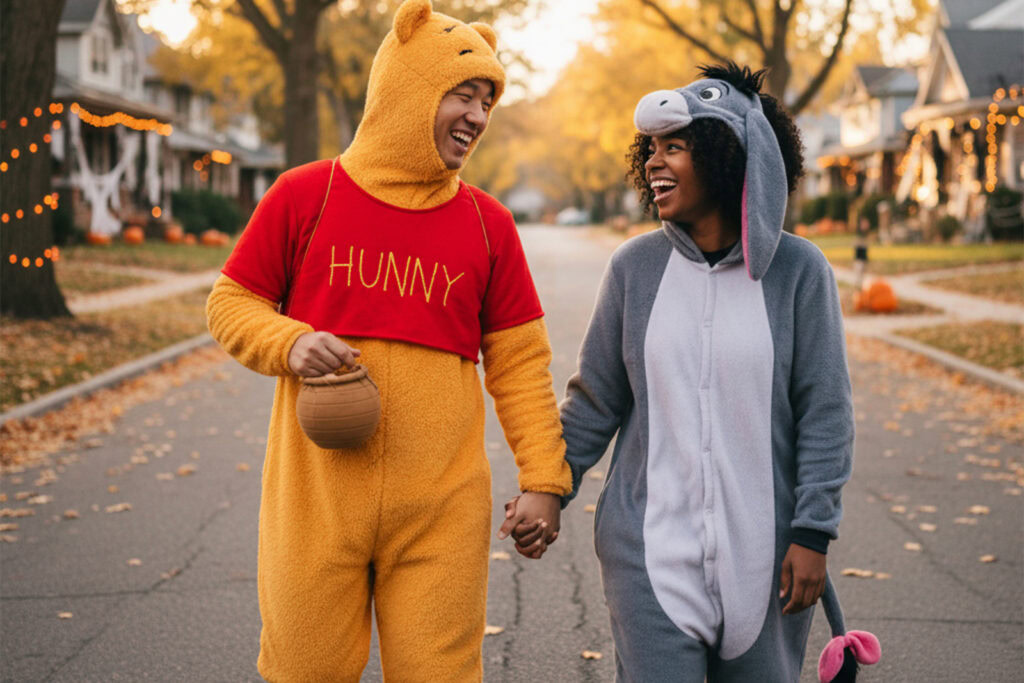 couple dressed as winnie the pooh and eeyore