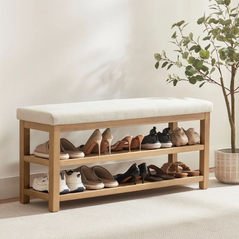 Upholstered Storage Shoe Bench with Two Shoe Shelves