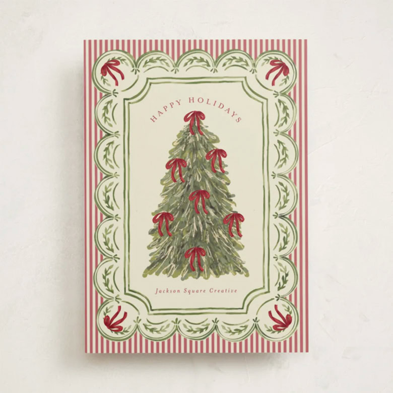 christmas card with a tree decorated in bows