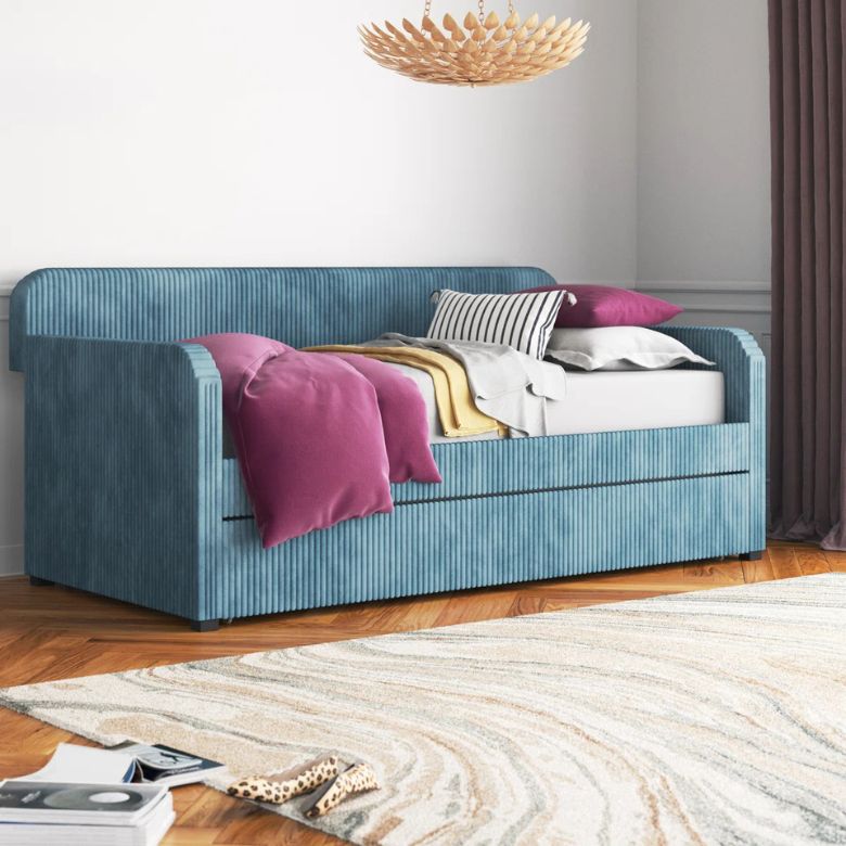 Blue Fluted Upholstered Daybed with Trundle