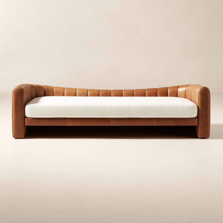 Brown Leather and Beige Performance Fabric Daybed