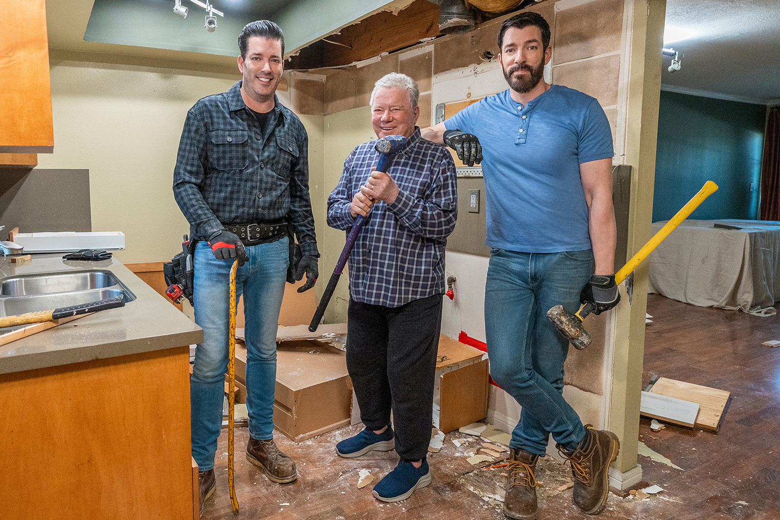 drew and jonathan scott with william shatner on celebrity iou
