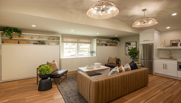 Couch facing murphy beds and television hidden in plain sight