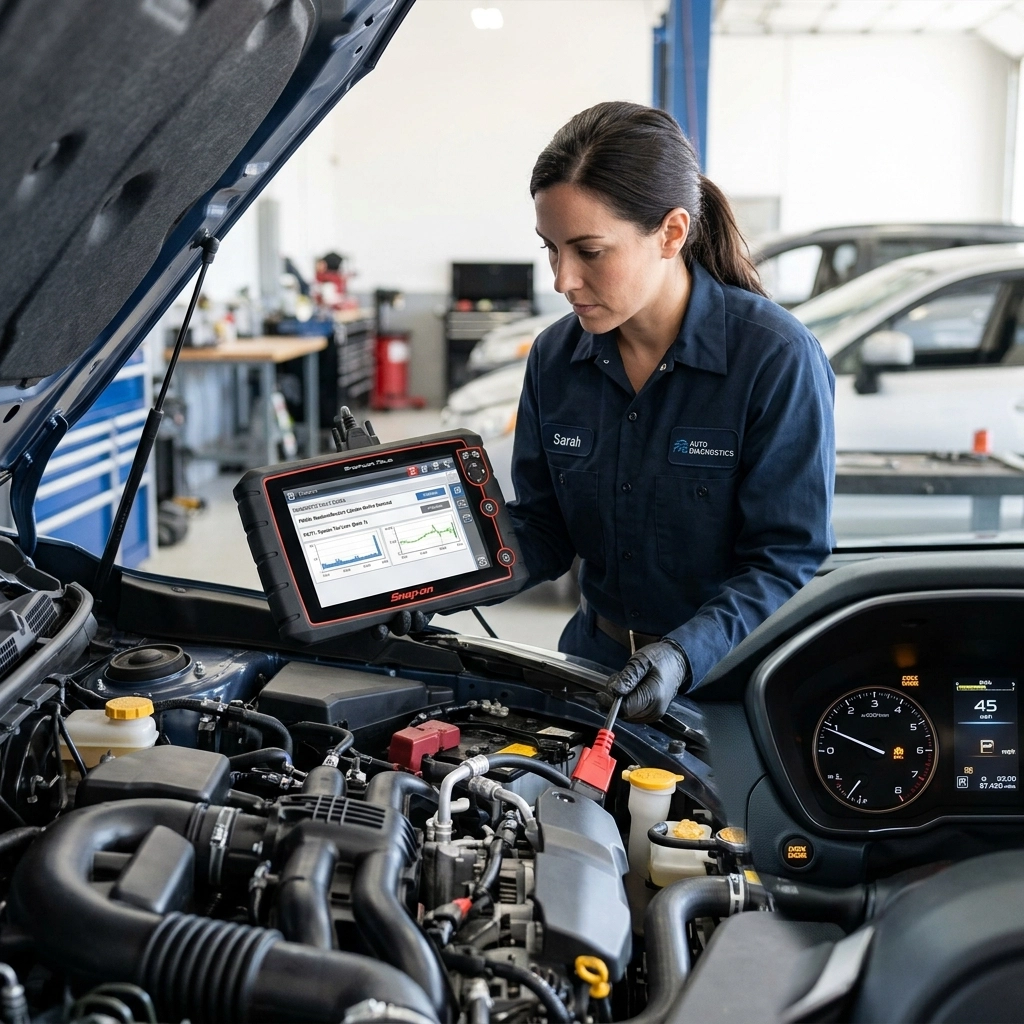 Engine diagnostics technician using a scan tool on a vehicle engine.