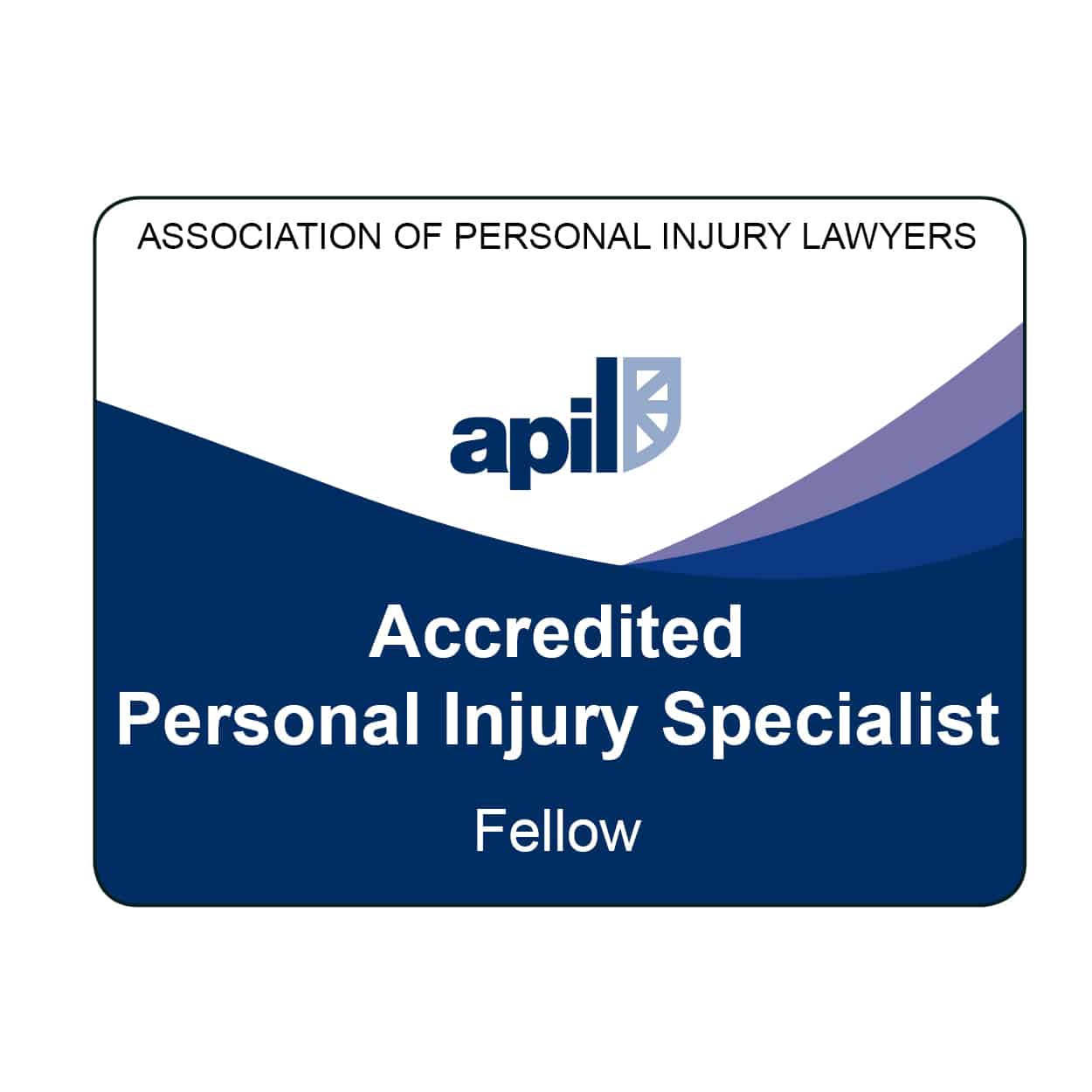 Accredited personal injury specialist badge for APIL, demonstrating expertise in personal injury law and legal credentials for injury claims.