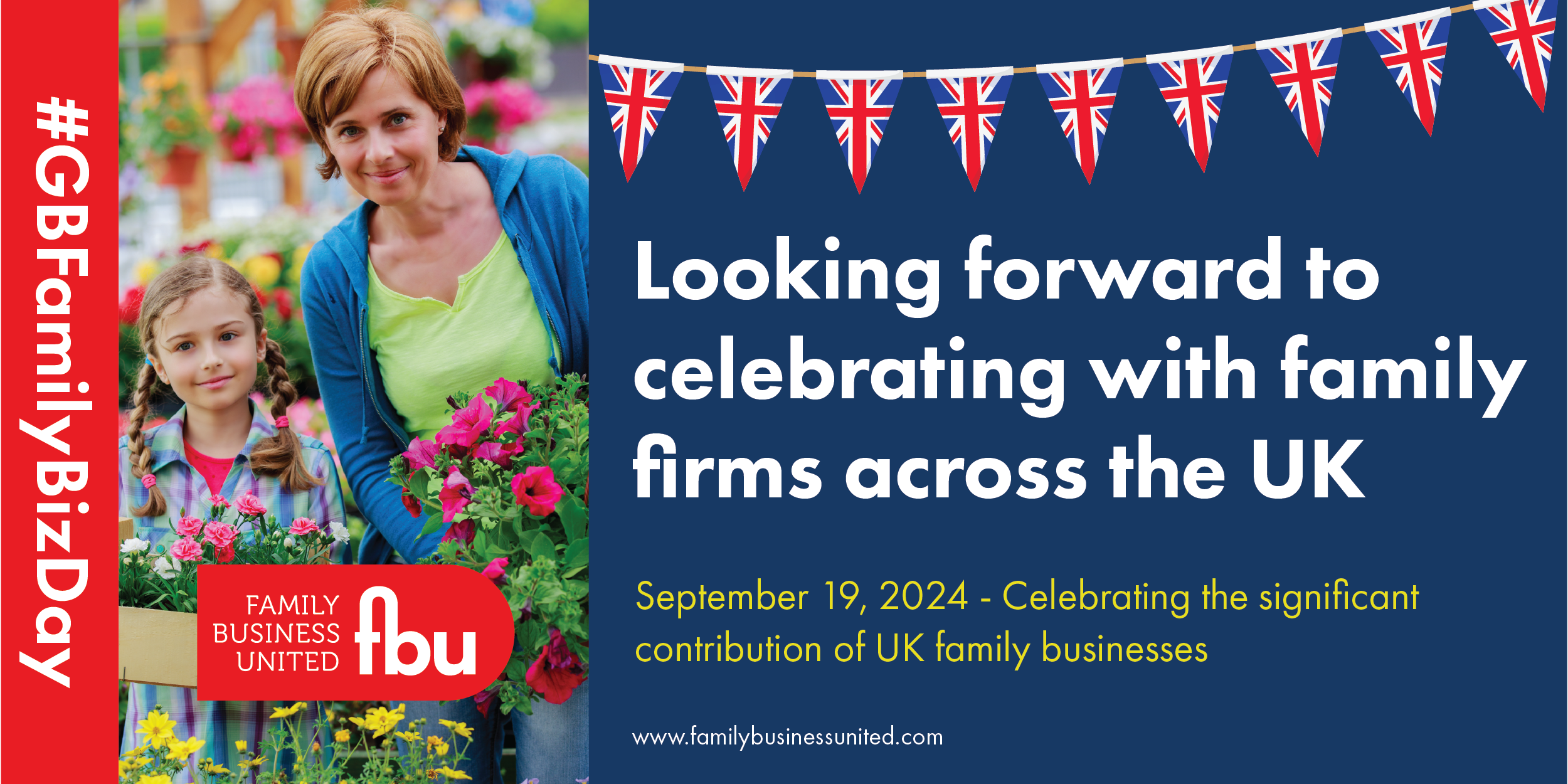 Pink and purple potted flowers at a garden centre with a woman and girl shopping for plants.