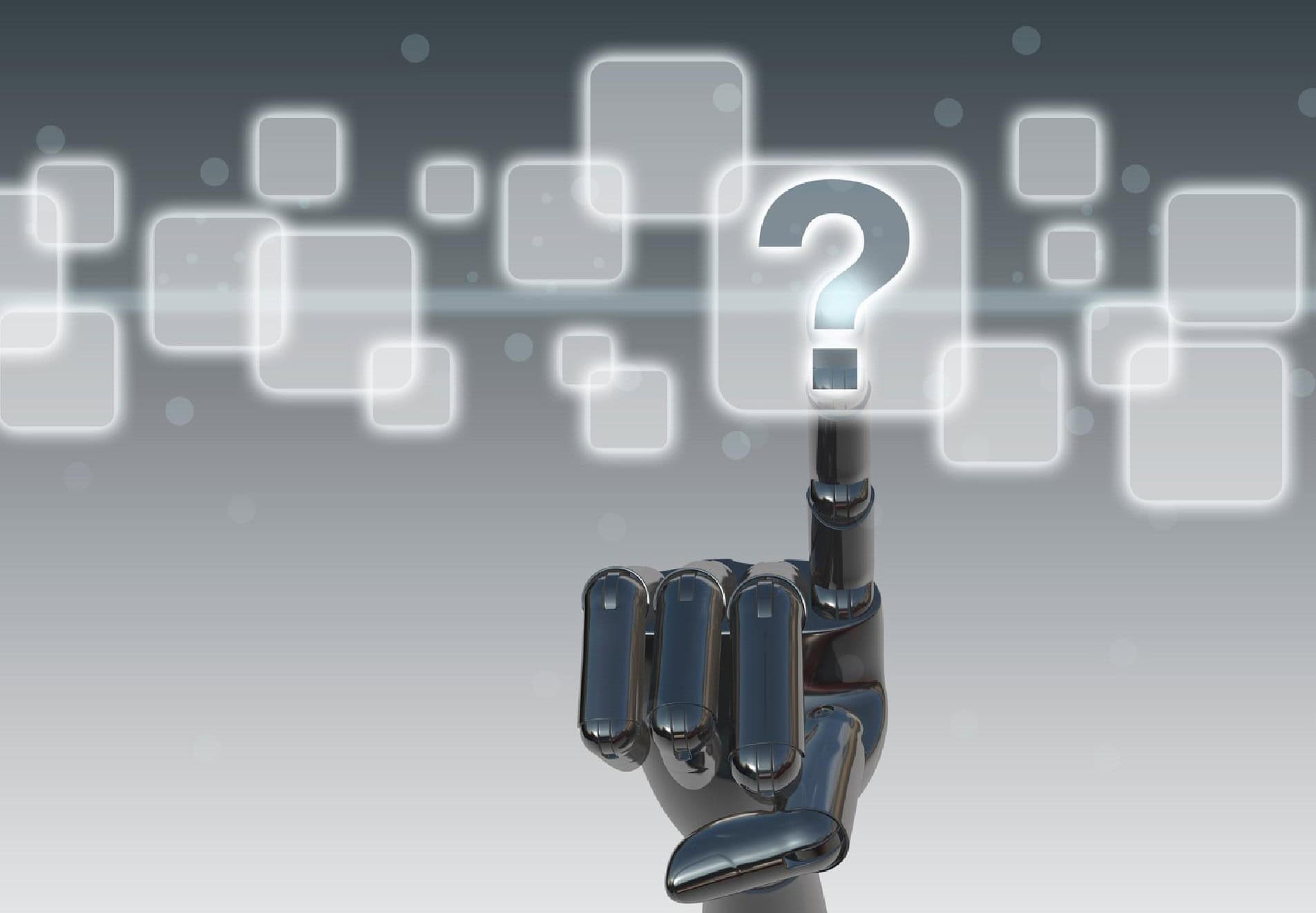 AI-powered robotic hand pointing at a digital question mark with abstract technology elements in the background.