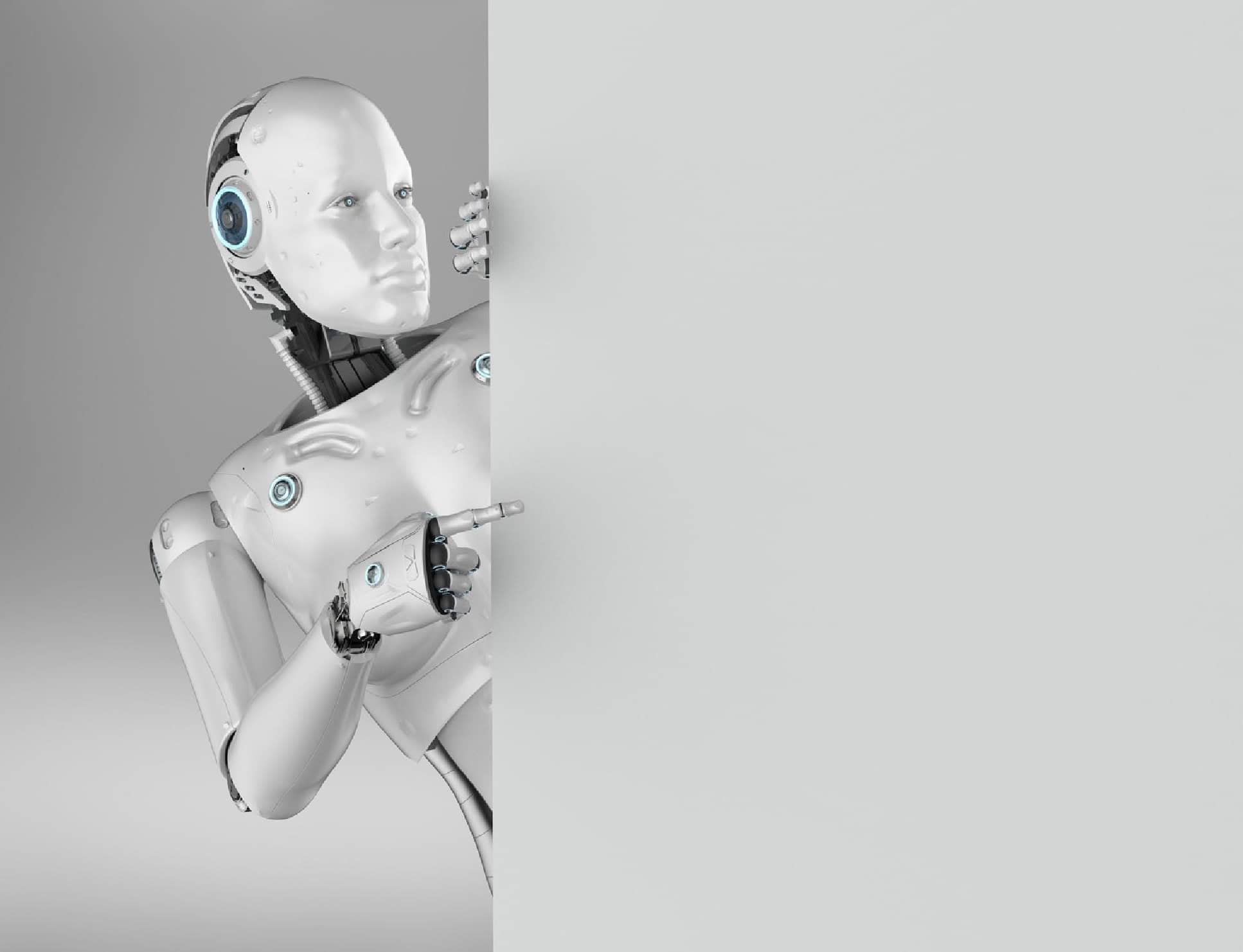 Robot peeking from behind a wall, futuristic humanoid robot with a sleek white design, black joints, glowing blue accents, and an expressive human-like face, modern AI technology concept, close-up shot.