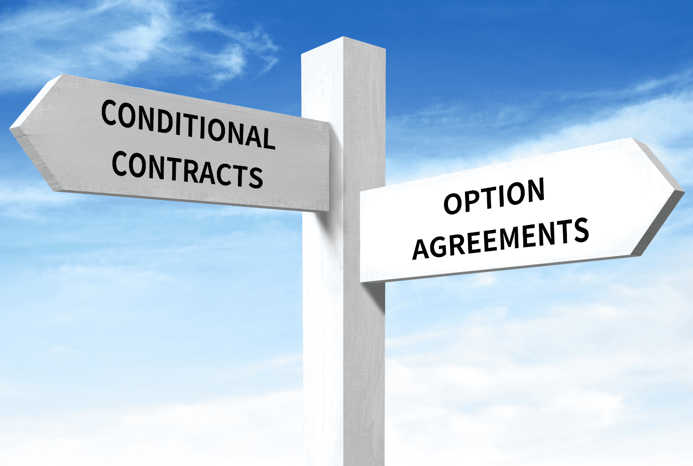 A clear signpost pointing towards "Conditional Contracts" and "Option Agreements" against a bright blue sky, illustrating legal decision-making options in property or business deals.