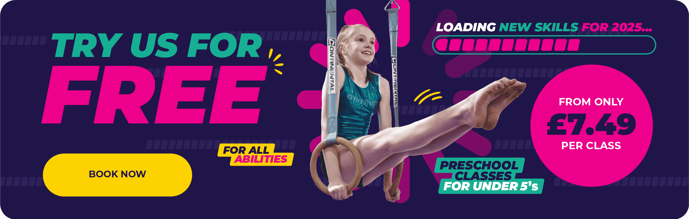 Free gymnastics classes for all abilities, promoting inclusive fitness training for children of all age groups and skill levels, starting at just £7.49 per class.