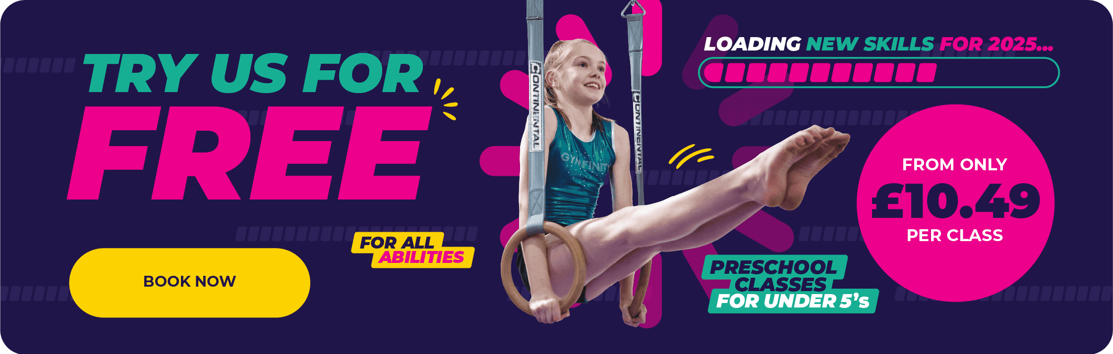 Gymnastic training classes for children with gymnastics rings and a smiling young girl on a colourful promotional banner.