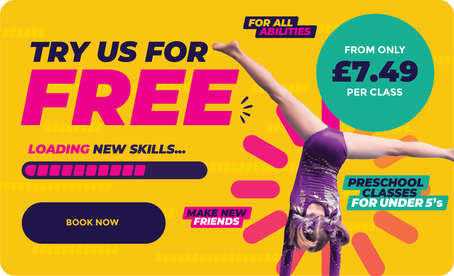 Handstand of a young girl performing a gymnastic move in colourful training attire on a vibrant yellow background.