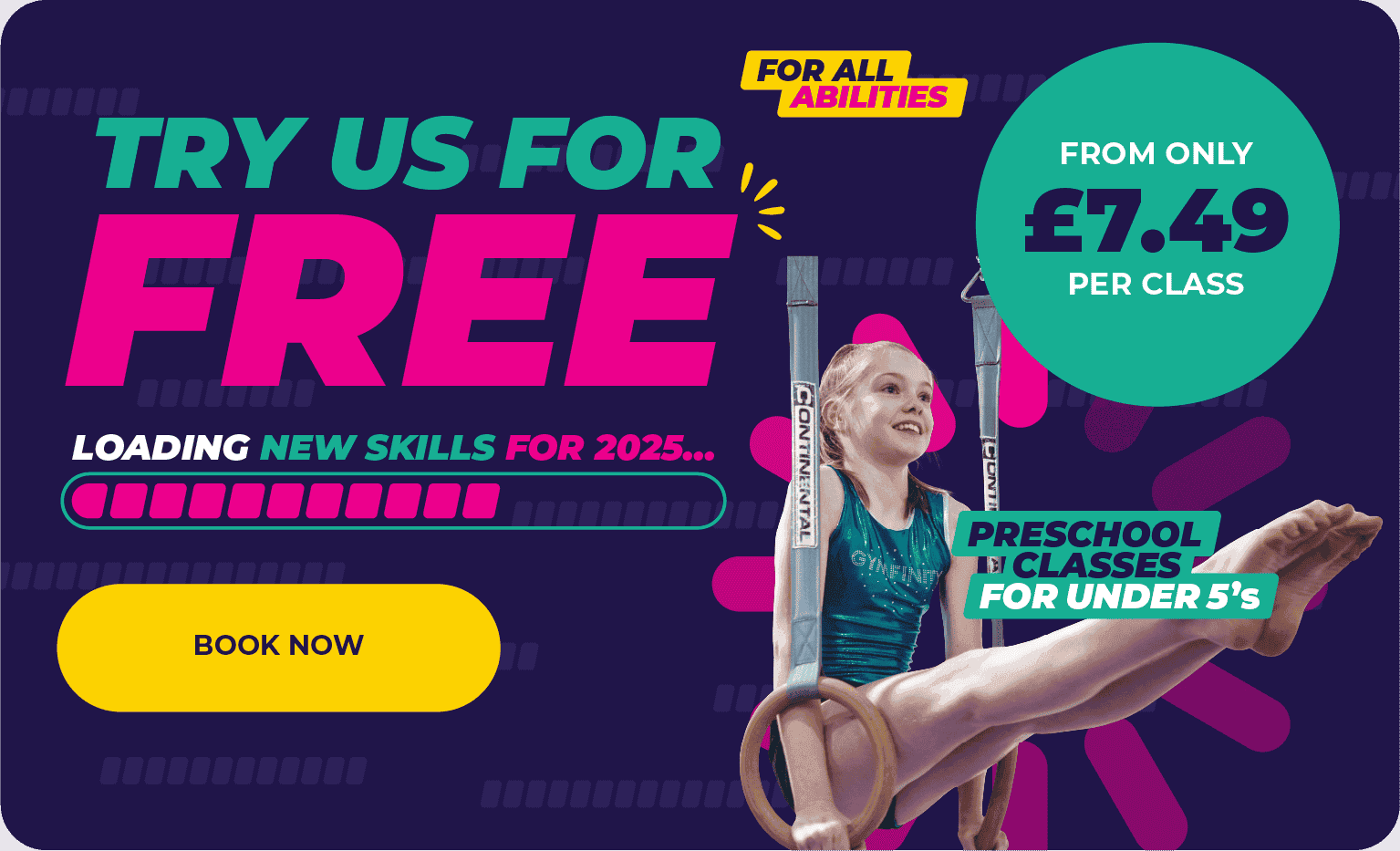 Free preschool gymnastics classes for children under 5 available for only £7.49 per class, promoting new skills and physical development in a fun, supportive environment. Book now!.