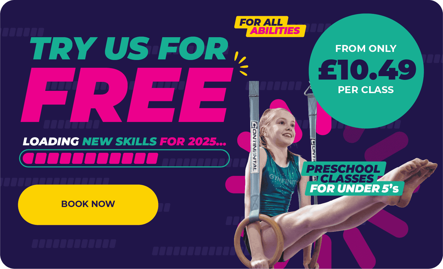 Free gymnastics classes for preschool children under 5, starting at only £10.49 per class, designed to develop new skills and confidence in a fun, inclusive environment. Book now!.