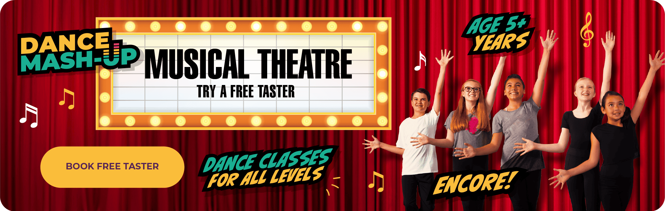 Diverse group of children performing dance on stage during a musical theatre class, promoting fun dance classes for all levels and ages 5+.