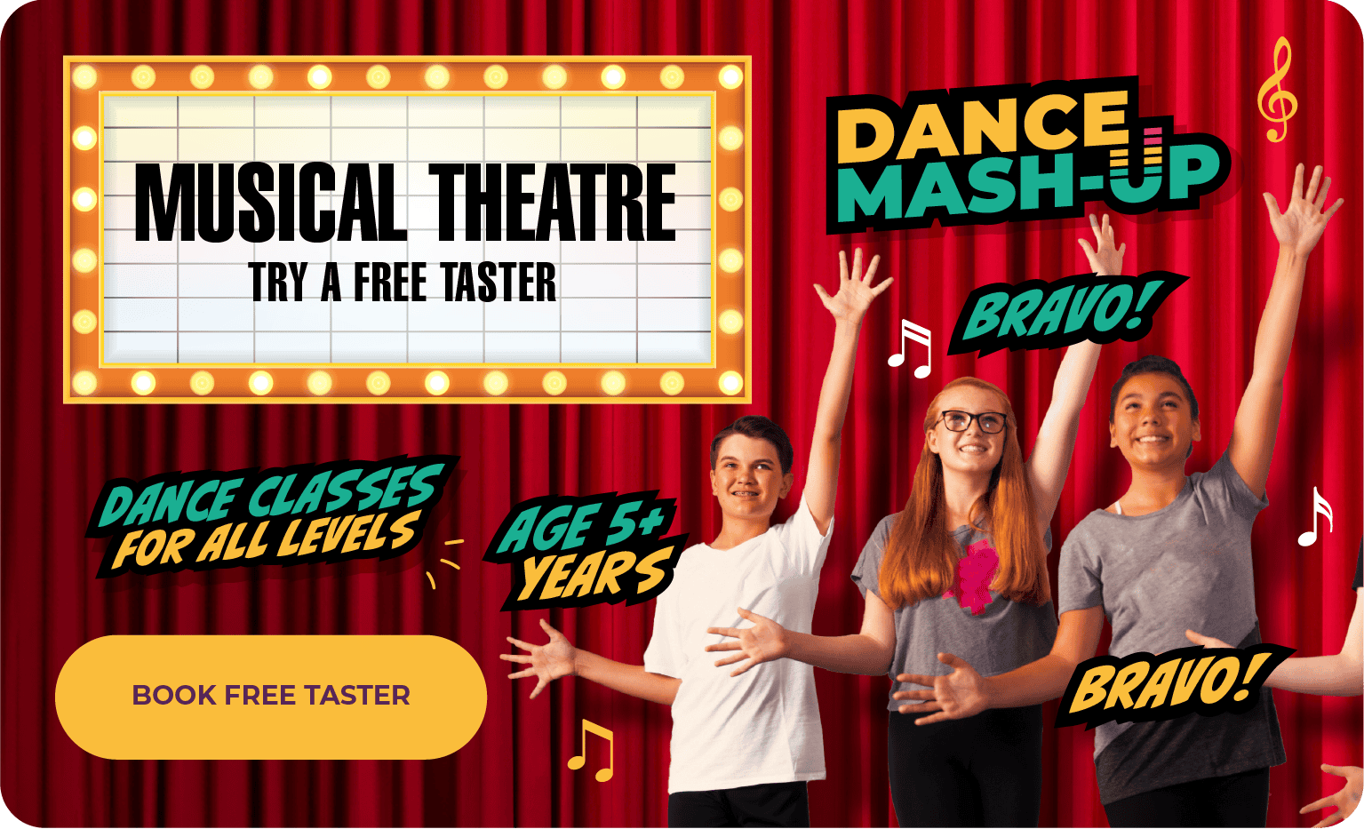 Dance classes for children and beginners, promoting musical theatre, with children smiling and raising hands on a red stage with theatre curtains.