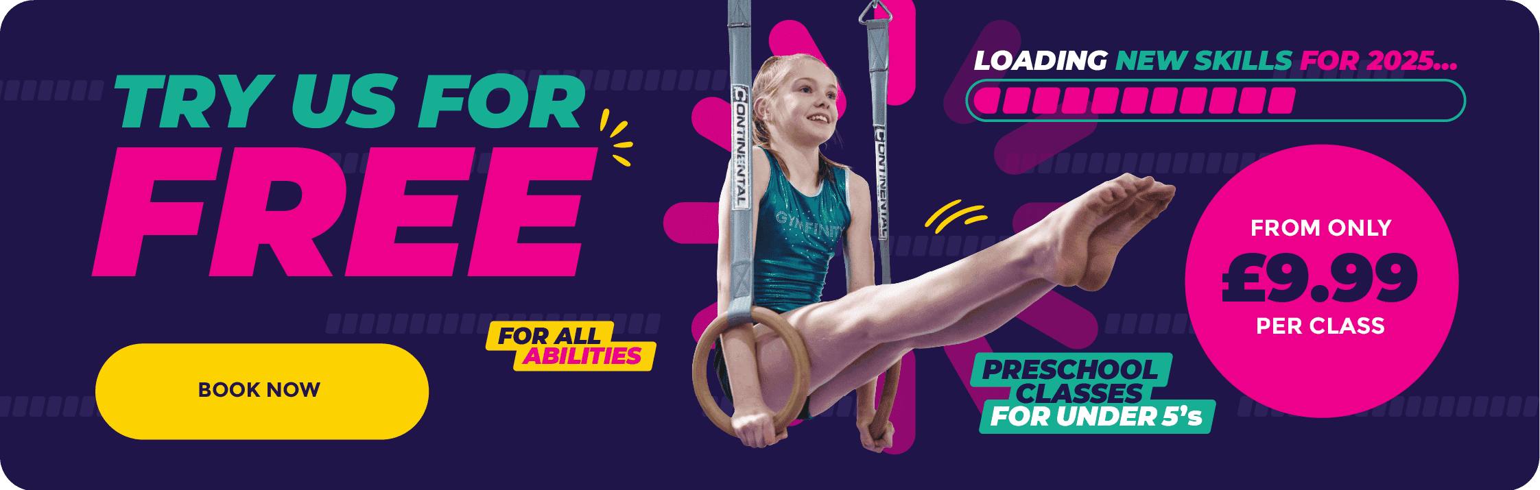 TRY US FOR FREE OFFER FOR ALL ABILITIES AND AGE GROUPS, INCLUDING PRESCHOOL CLASSES FOR UNDER 5'S, FROM ONLY £9.99 PER CLASS, LOADING NEW SKILLS FOR 2025. BOOK NOW.