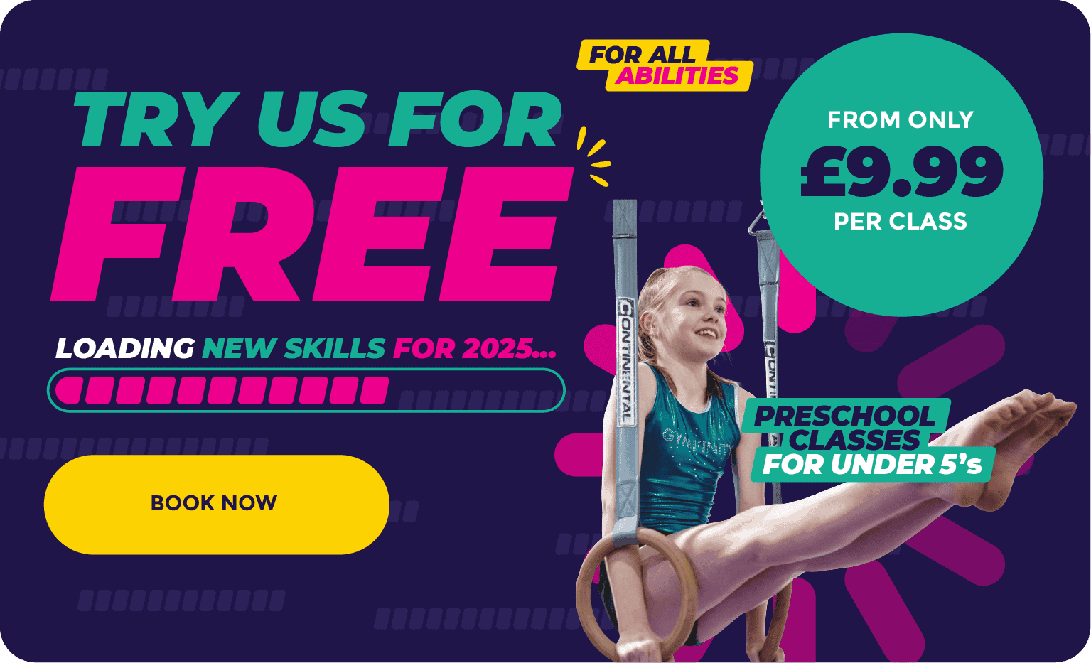 Free gymnastics classes for preschool children and kids under five at affordable prices, with bright promotional design and call-to-action button for booking.