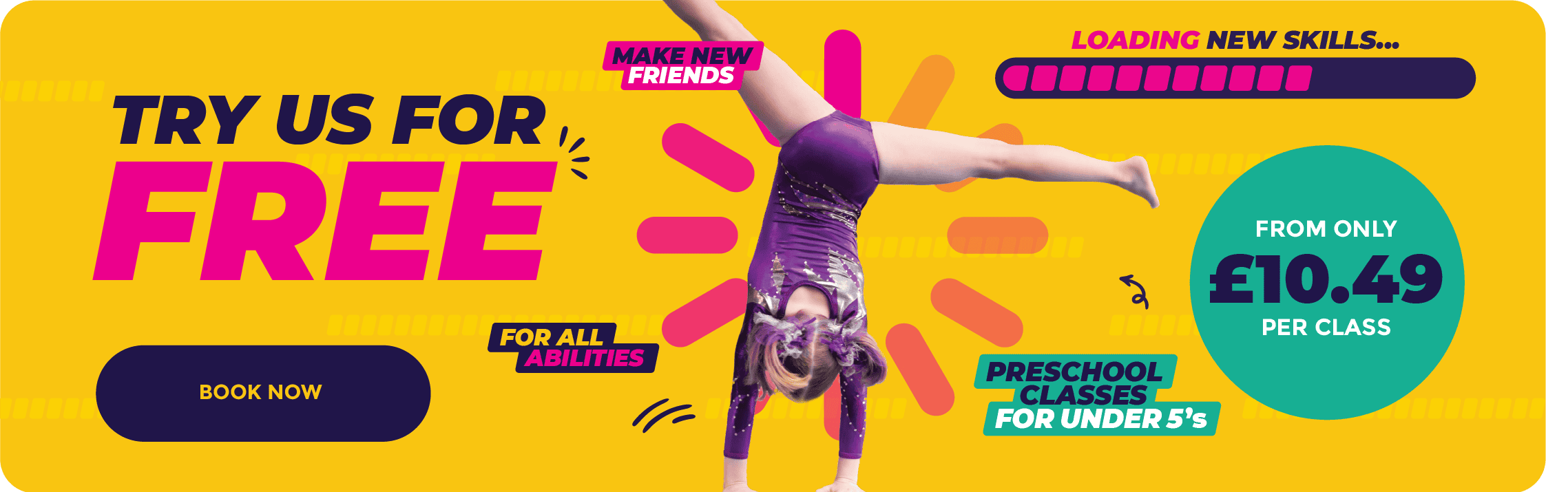 Free children's gymnastics classes promotional banner with a girl performing a handstand, highlighting affordable prices from £10.49 per class for all abilities and preschool classes for under 5s.