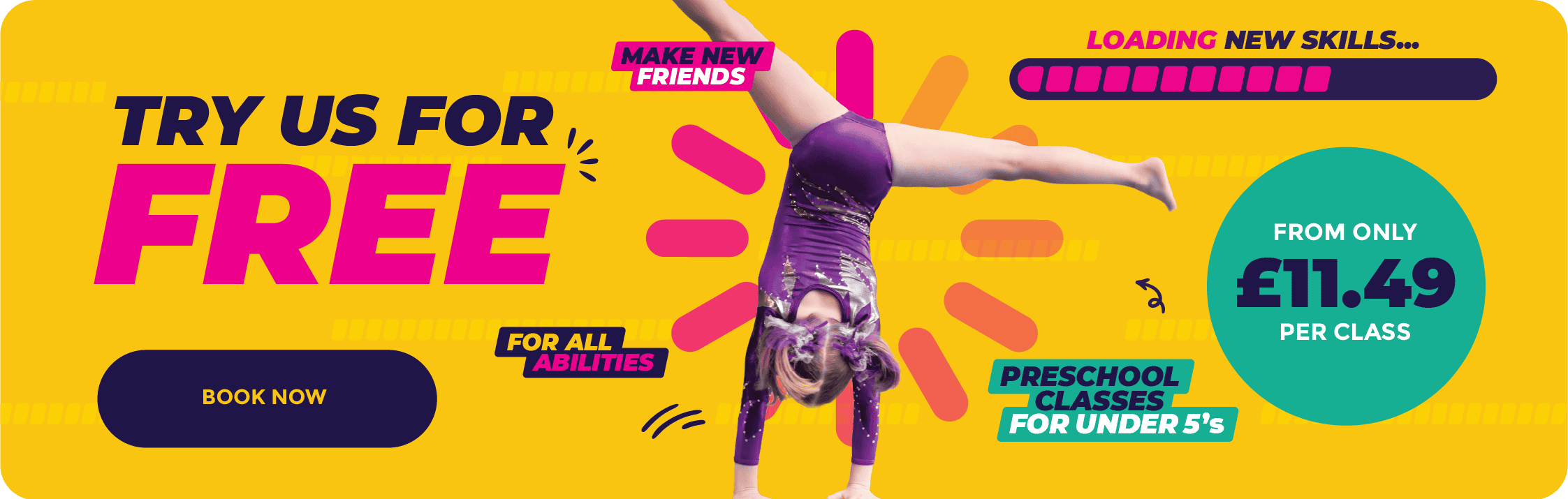 Flexible gymnast performing a handstand in colourful promotional banner for free preschool classes for children under 5. Bright yellow background with pink, purple, and teal accents.