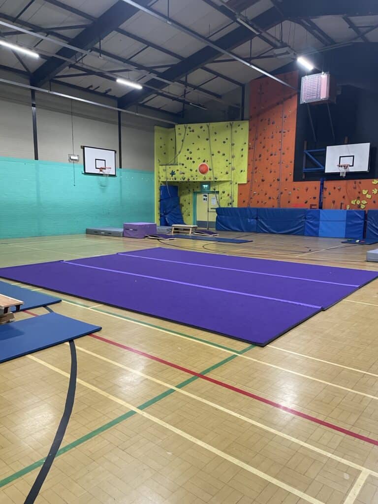 Gymnasium with a climbing wall, basketball hoops, and gymnastics mats for indoor sports and activities.